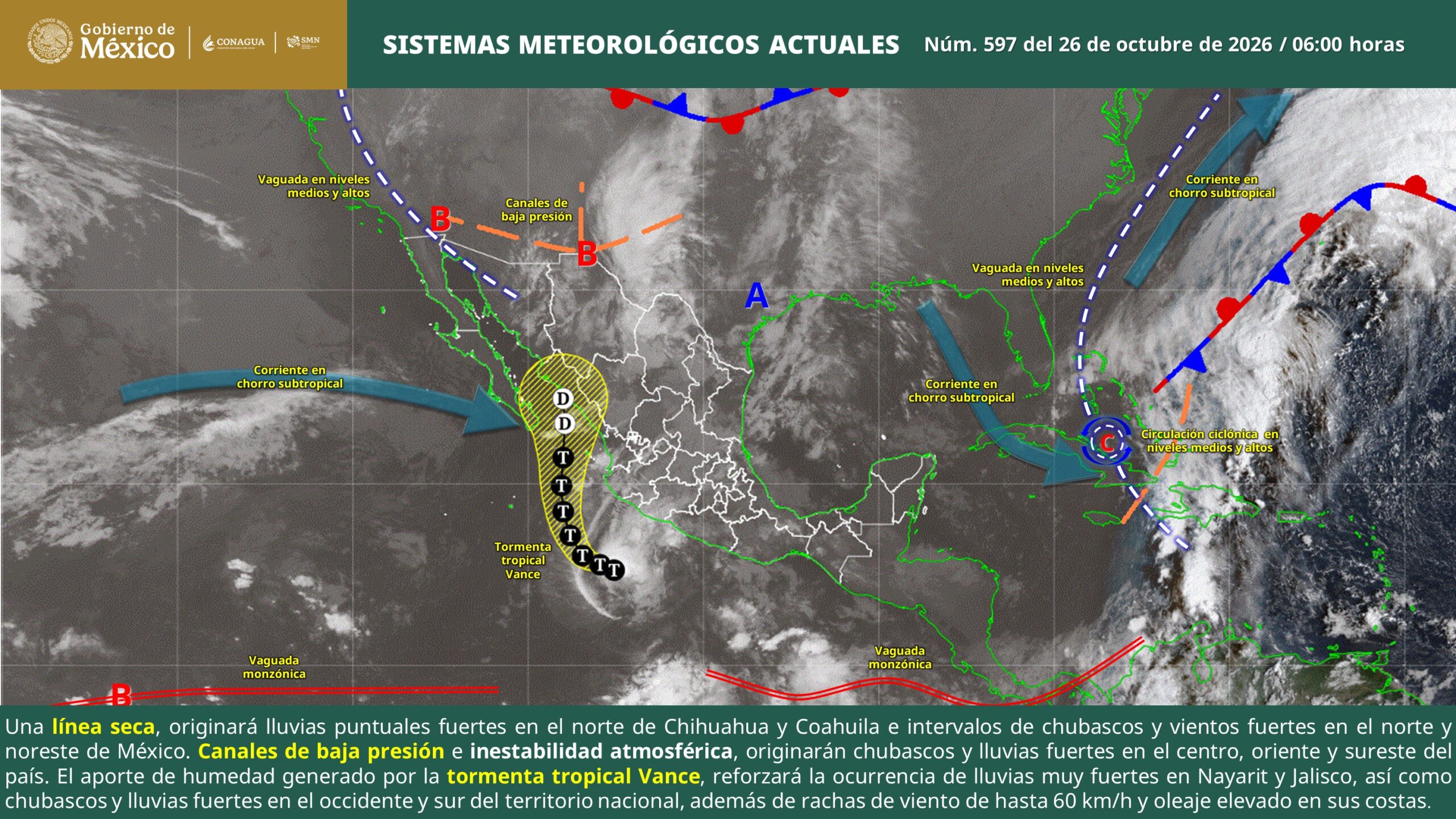 Vance pierde fuerza en el Pacífico; el SMN mantiene alerta por lluvias en Jalisco y Nayarit